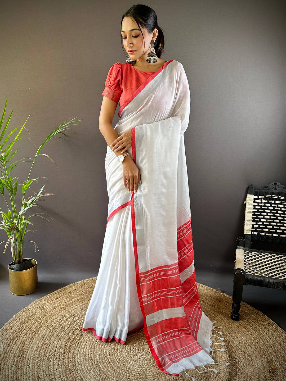 Bhagalpuri Linen Saree With Red Colour Small Patti