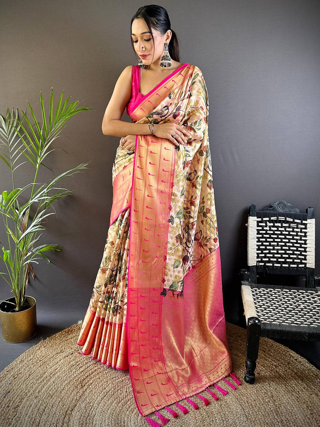 Pastel Cream Paithani Kora Silk Saree