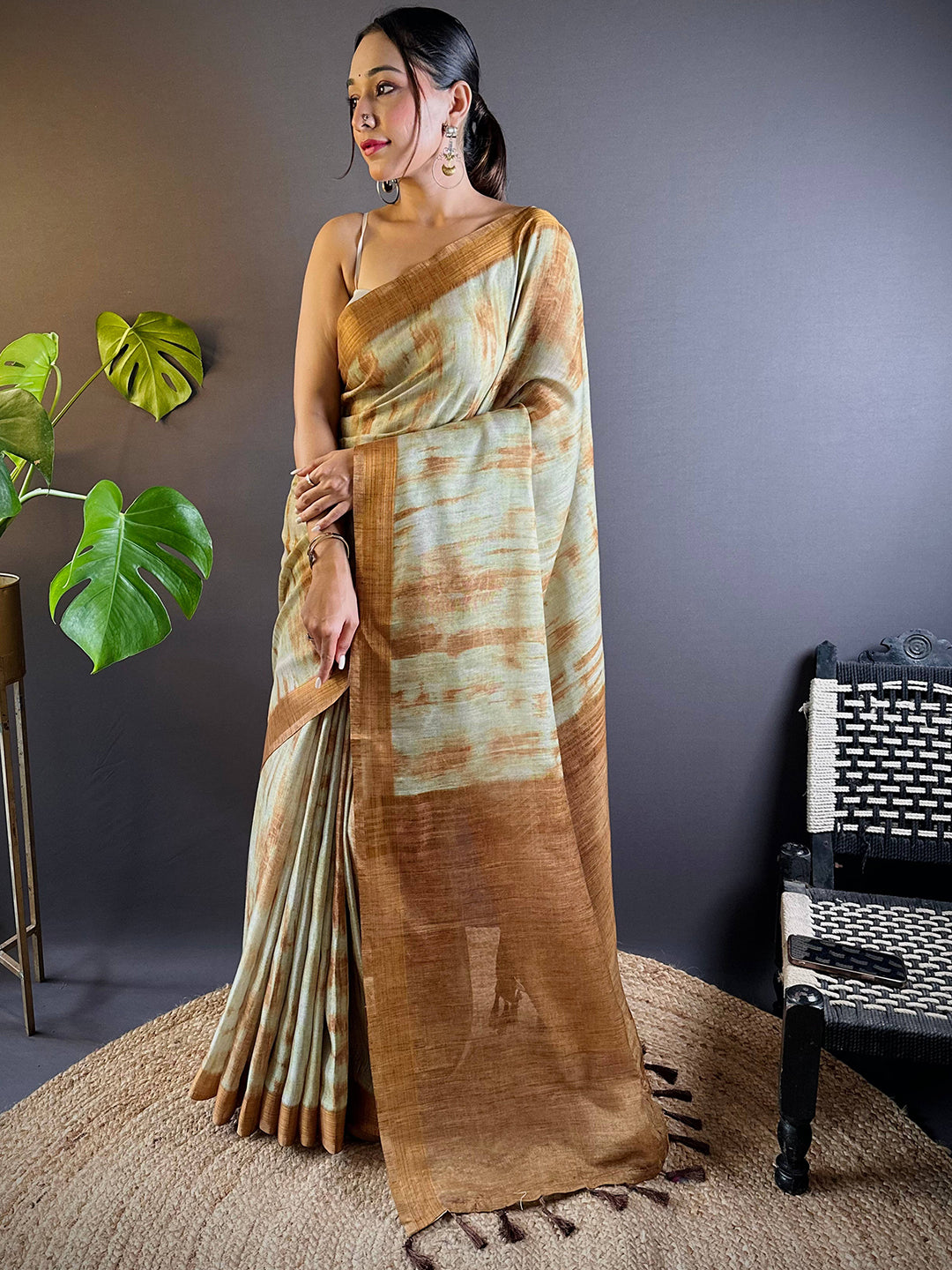 Dusty Green Shibori Print Linen Saree