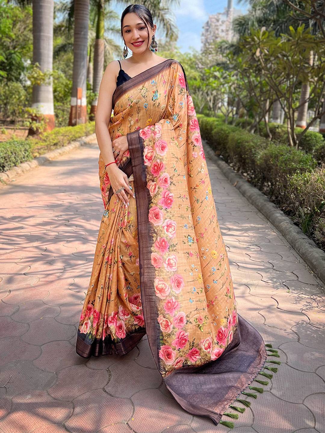 Orange Soft Silk Copper Zari Weaving Digital Floral Saree