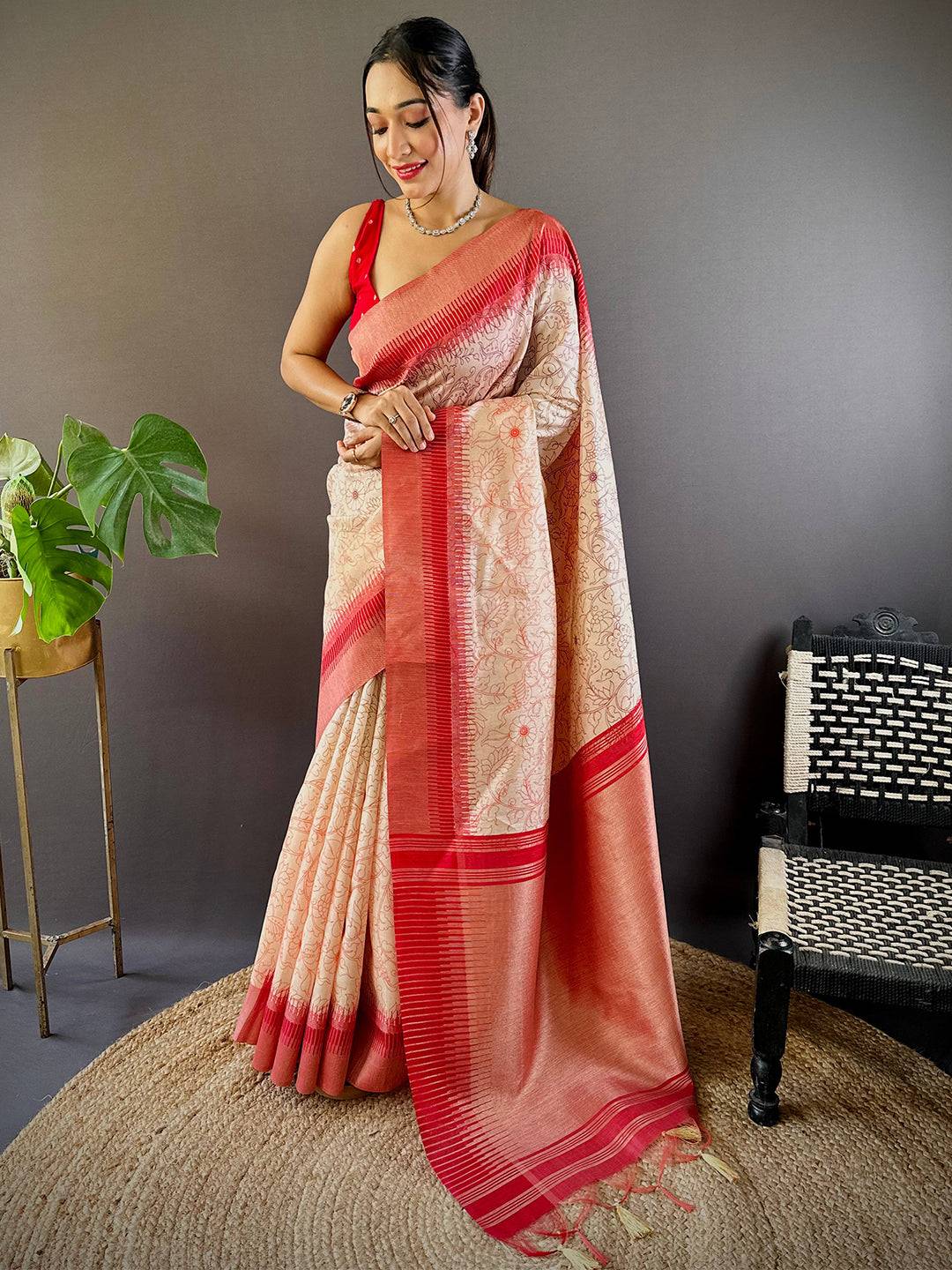 Rust Floral Tussar Silk Saree