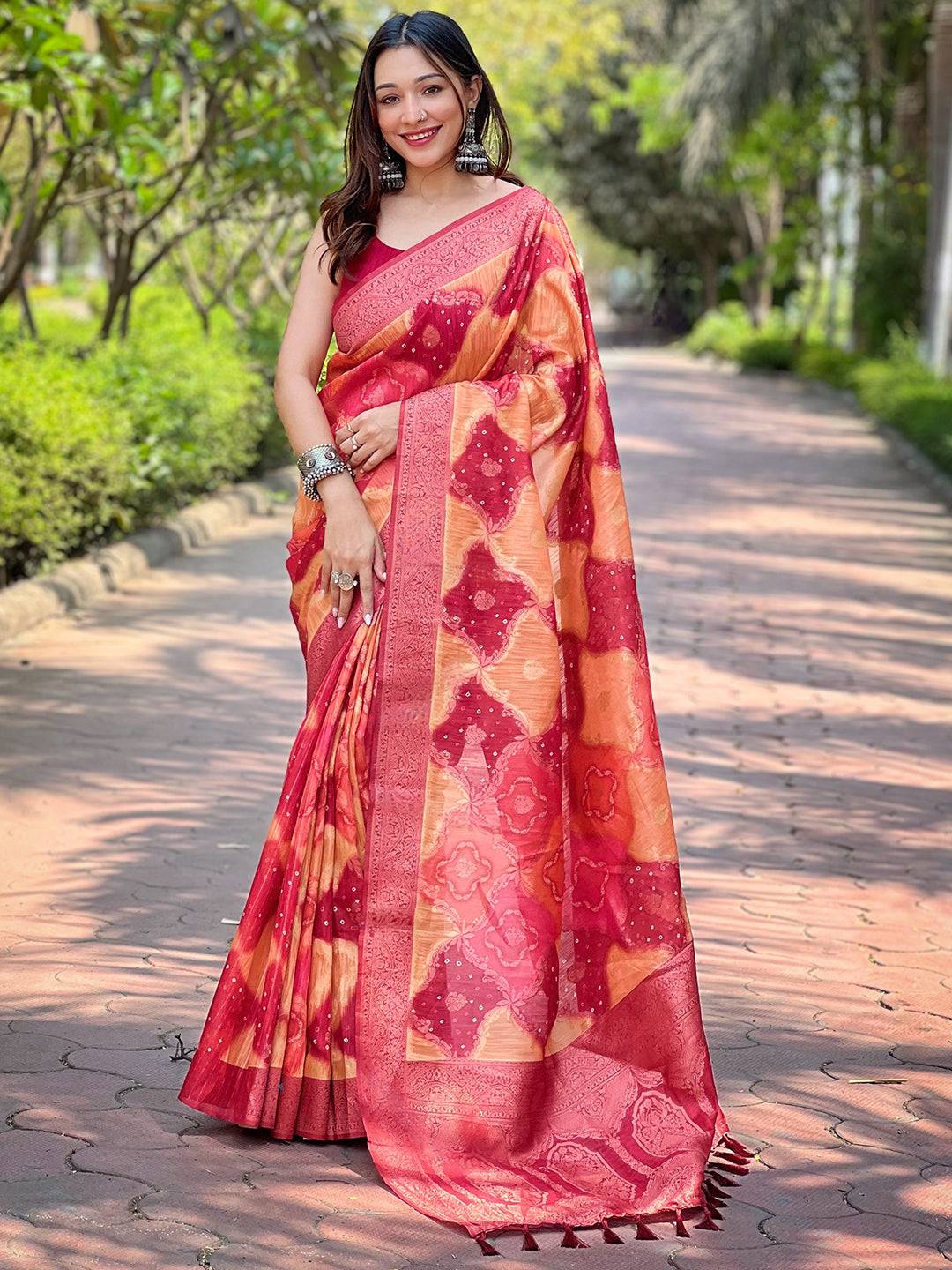 Orange Digital Block Placement Print Saree