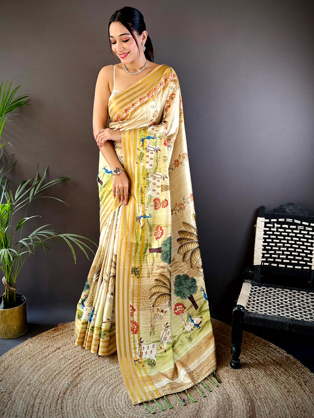 Elegant Soft Silk Beige Pichwai Prints Saree