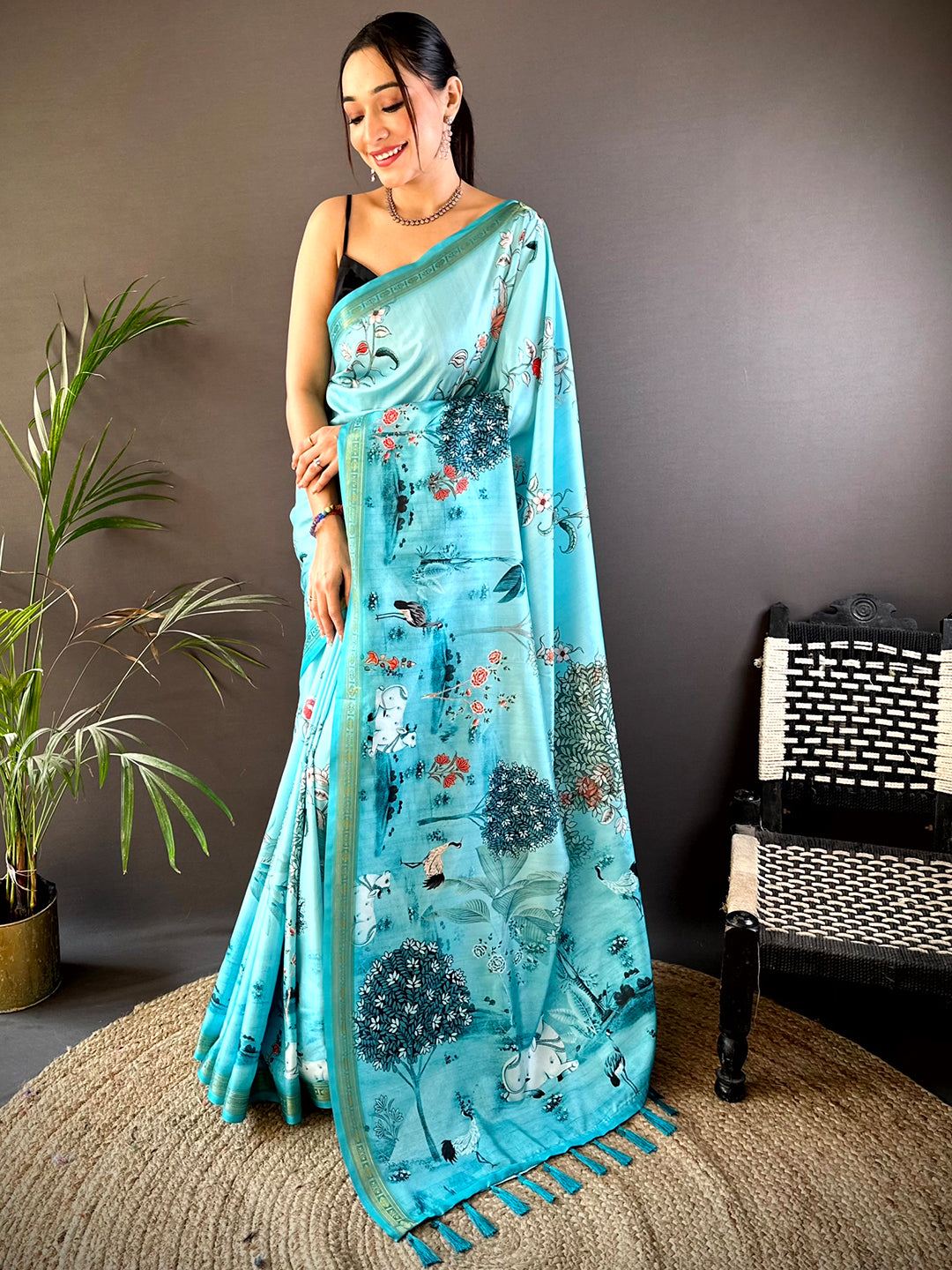 Turquoise Jungle Printed Silk Saree