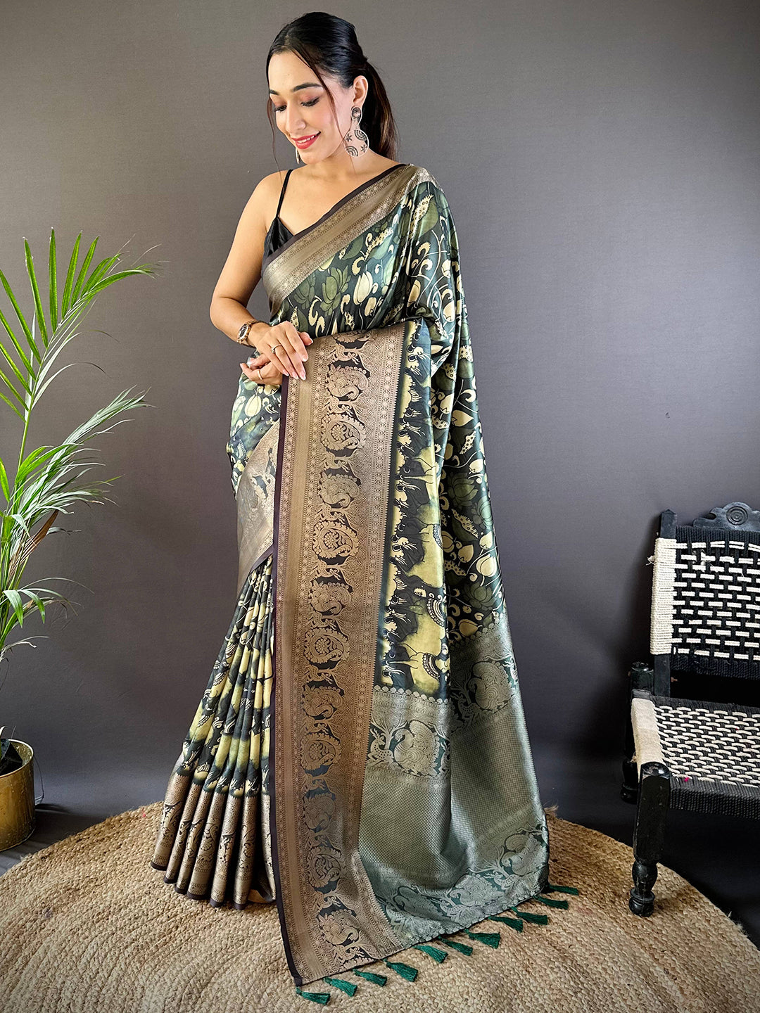 Bottle Green Soft Silk Kalamkari Saree