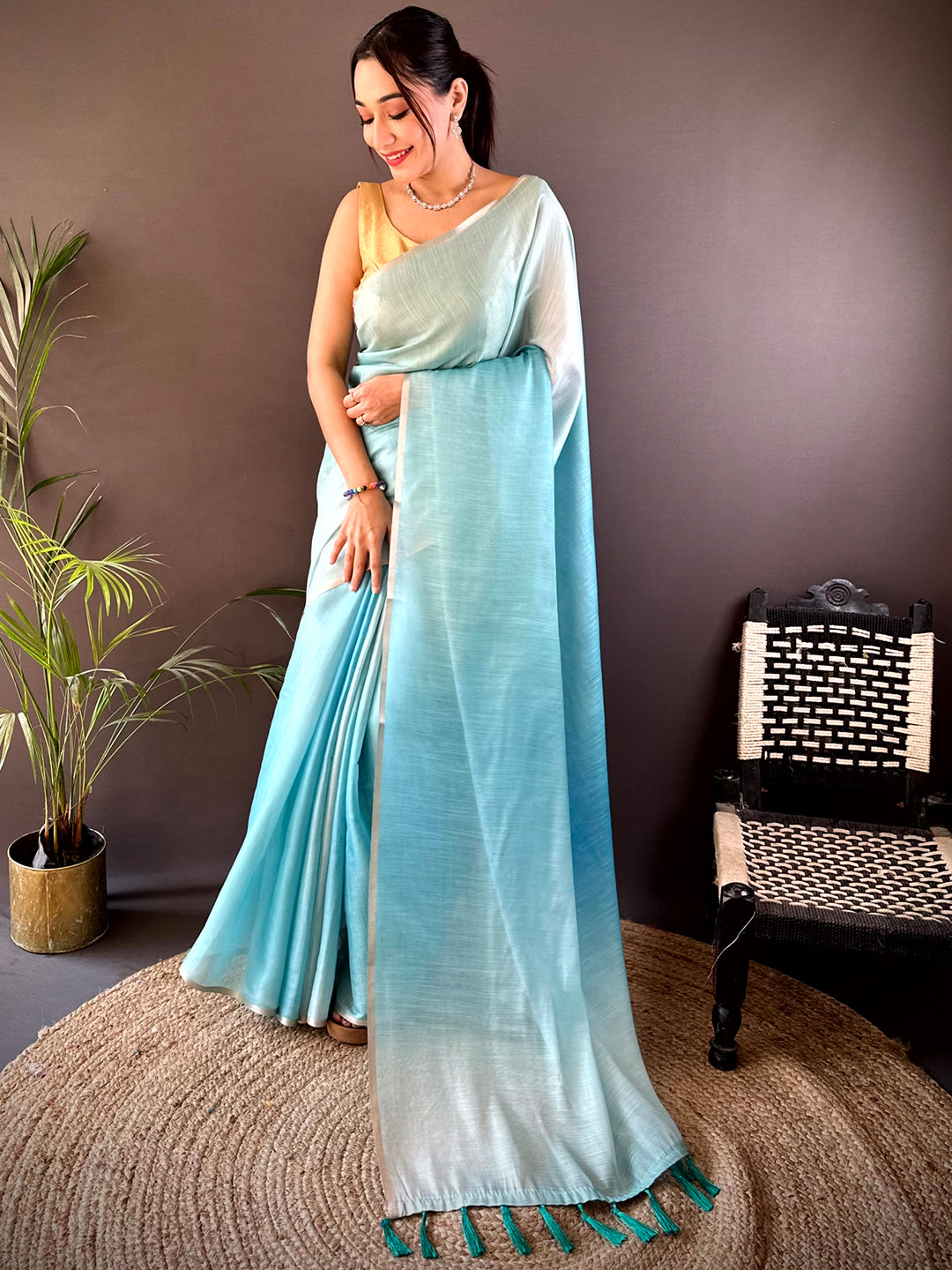 Sky Blue Ombre Chanderi Tissue Saree