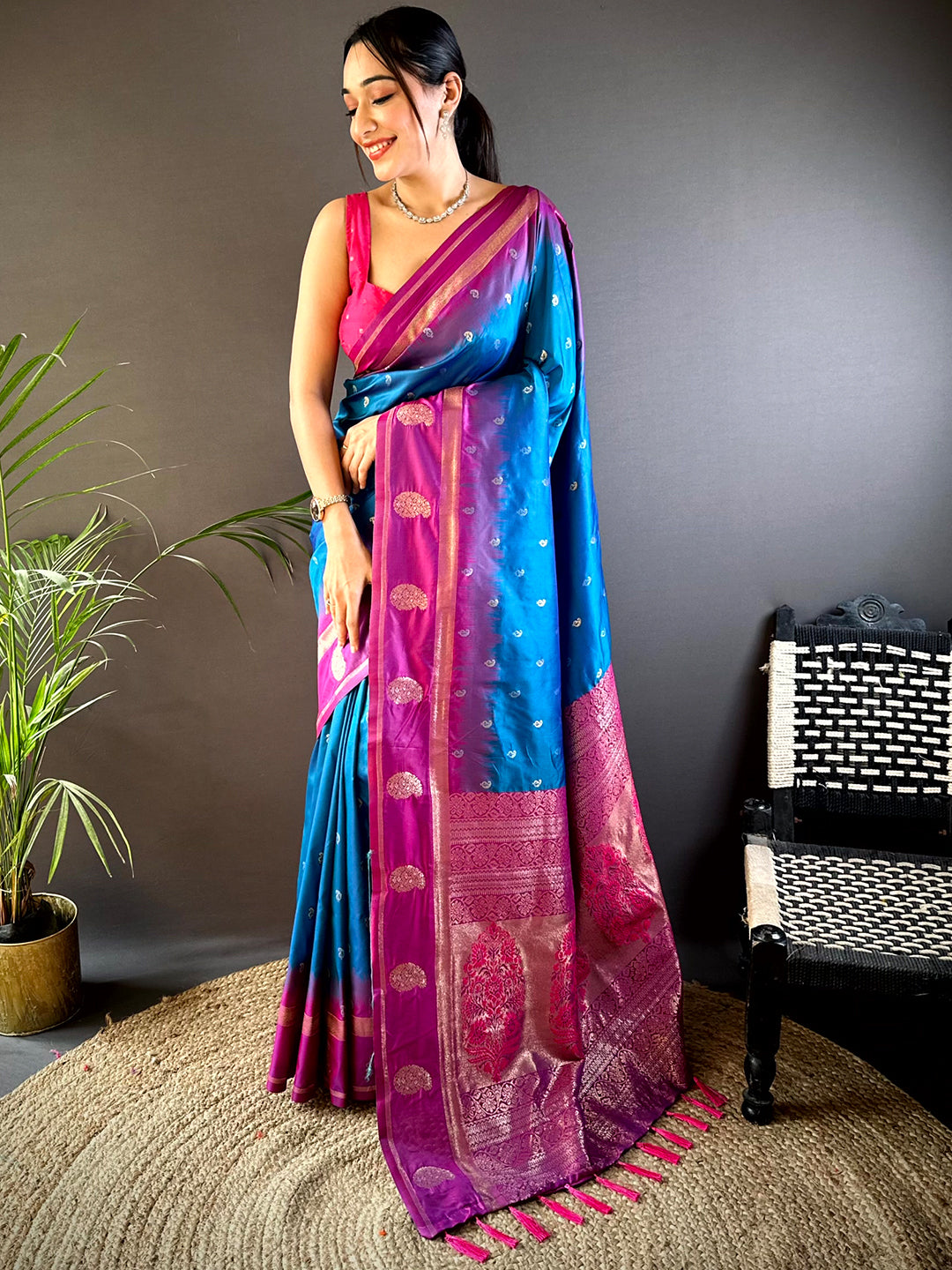 Blue Cationic Soft Silk Saree