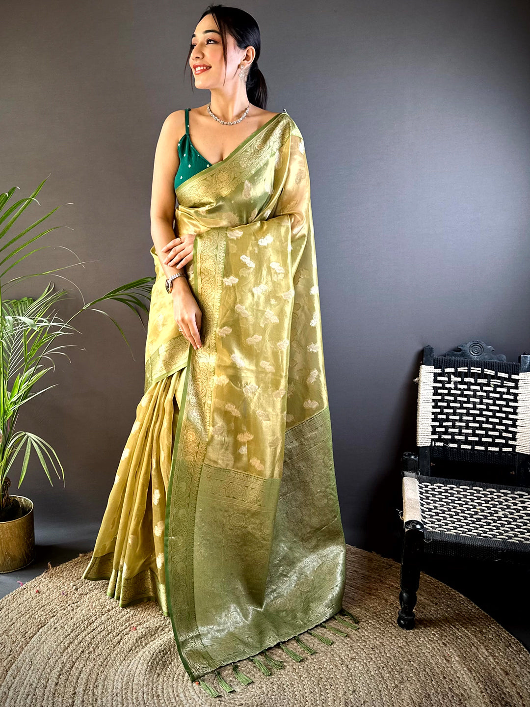 Graceful Olive Kora Tissue Saree