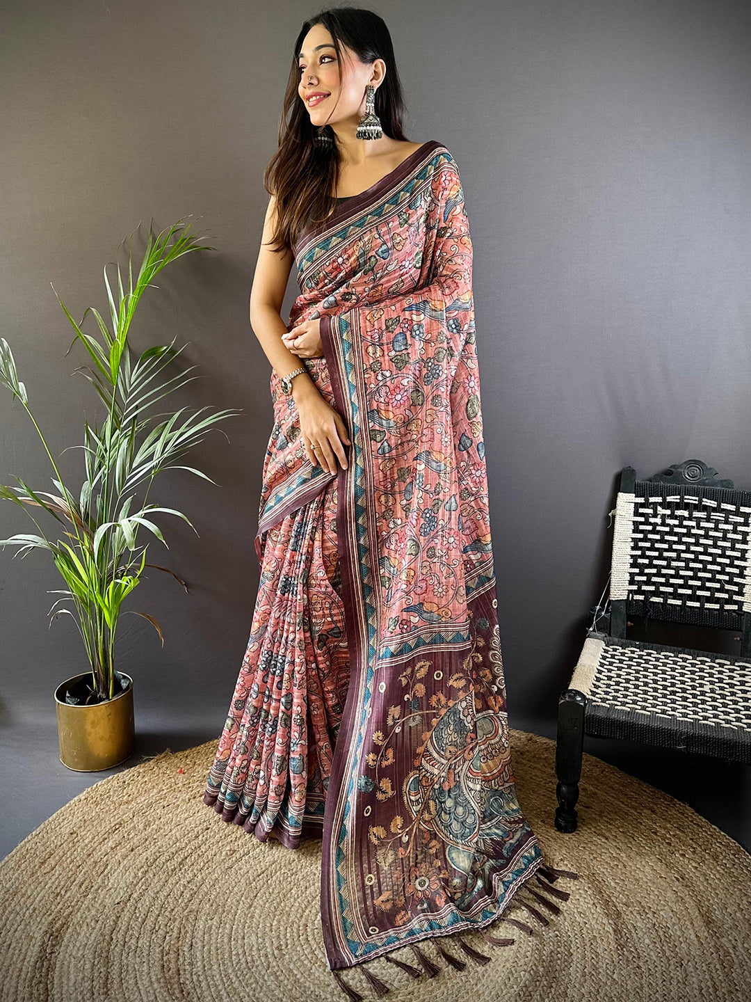 Rust Kalamkari Stripes Chanderi Saree