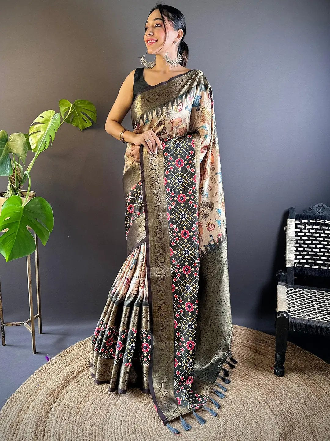 Beige Ikkat Kalamkari Saree