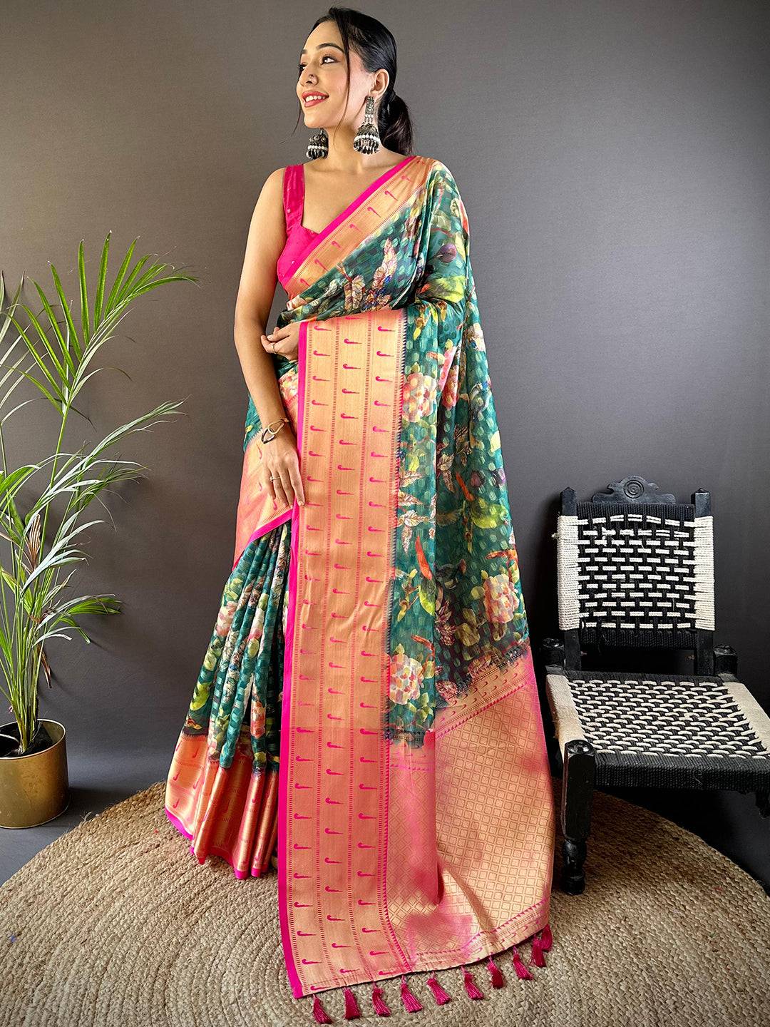 Teal Paithani Kora Silk Saree