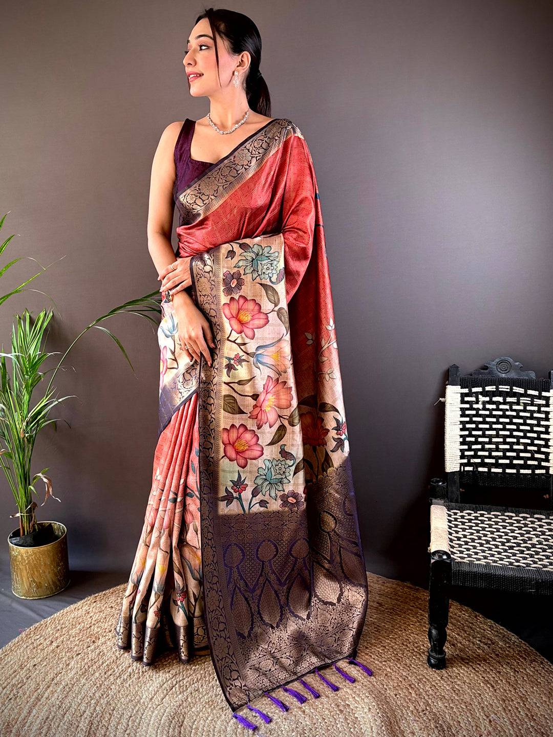 Red Ombre Floral Digital Print Saree