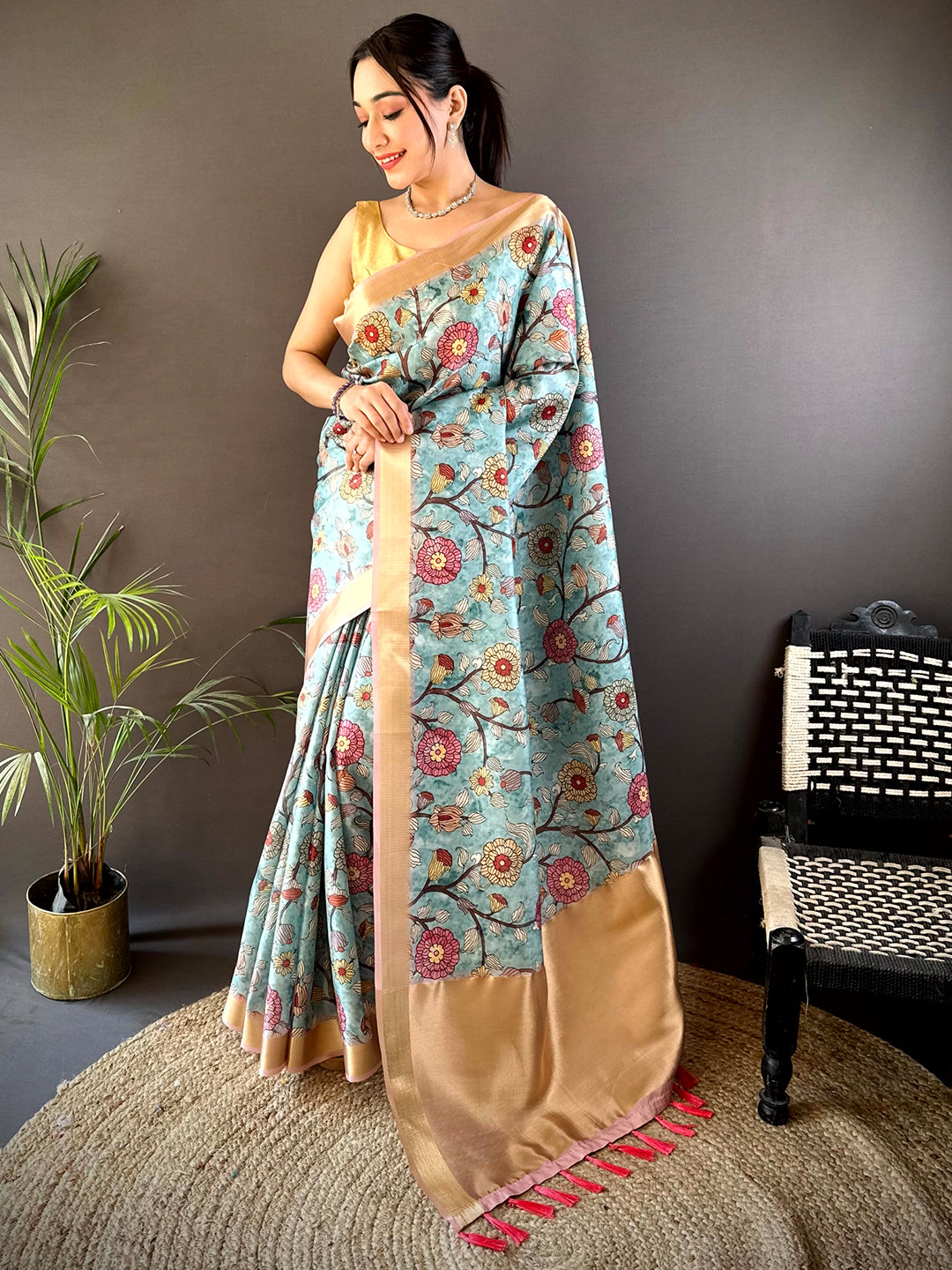 Sky Blue Soft Silk Tissue Floral Print Saree