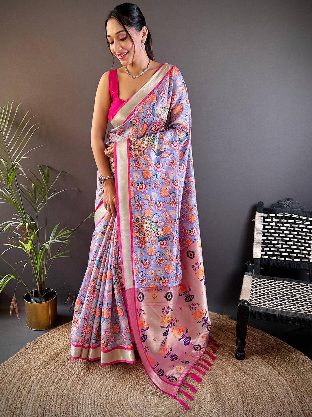 Lavender Blossom Phulkari Silk Saree