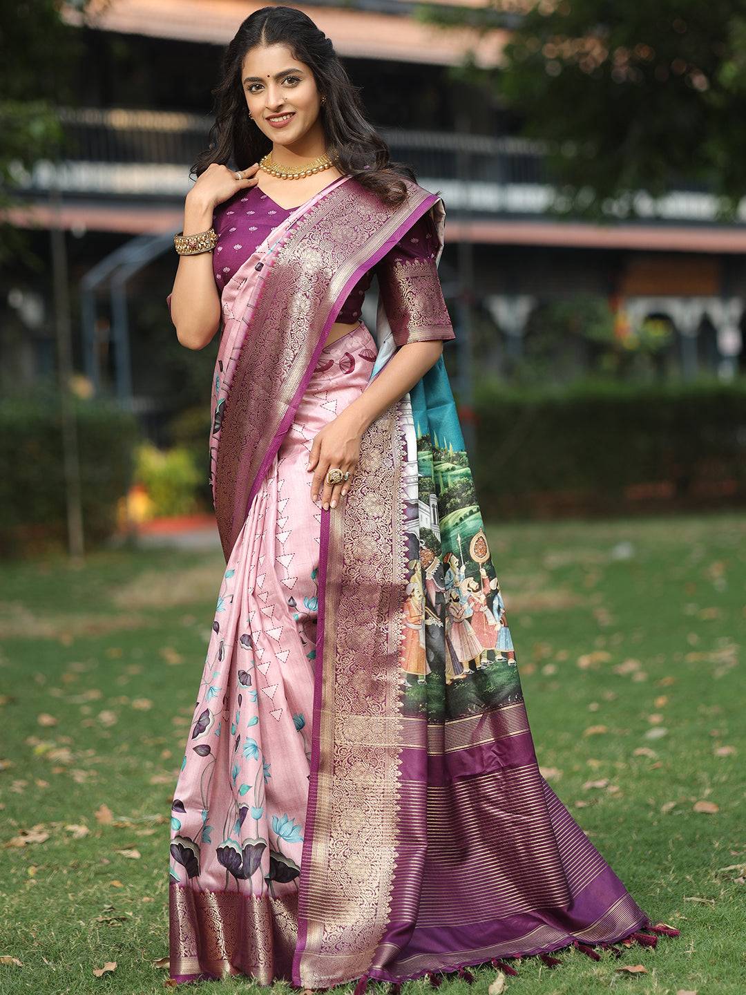 Viscose Dola Silk Pink Saree with Floral and Mughal Print