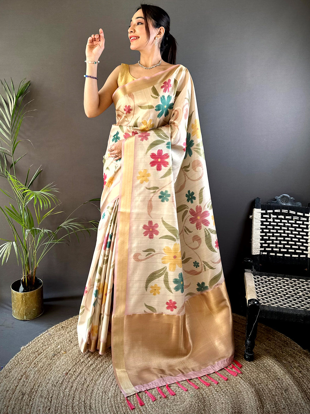 Light Cream Soft Silk Tissue Floral Print Saree