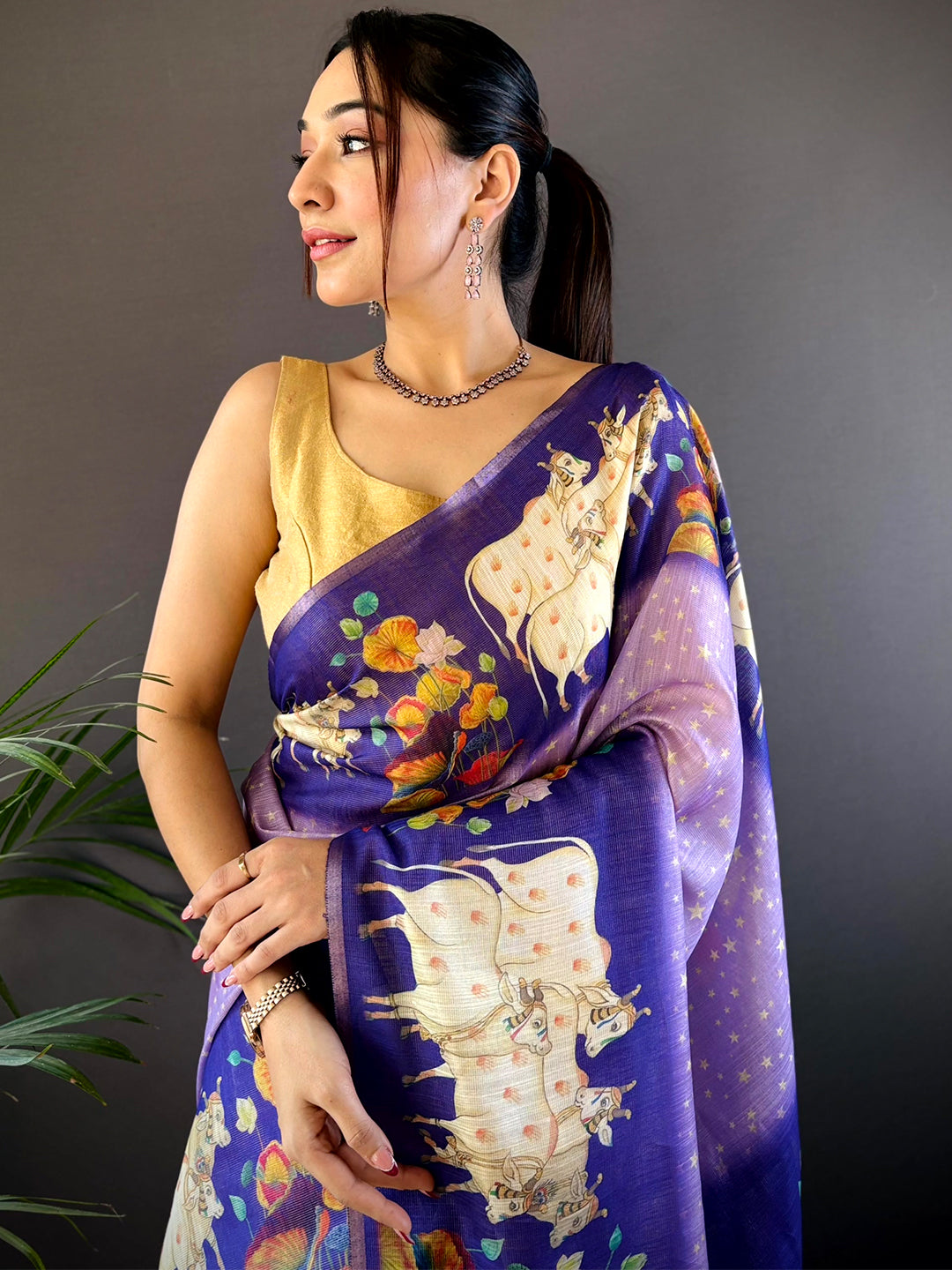 Purple Chanderi Pichwai Print Saree