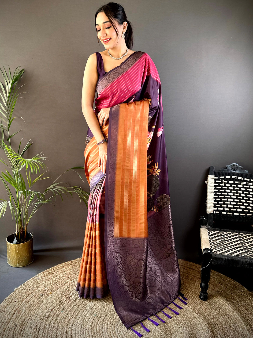 Dark Pink Soft Crep Silk Ombre Print Saree