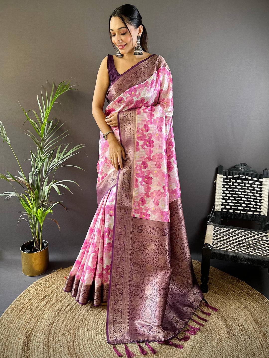 Blush Elegance Pink Floral Saree