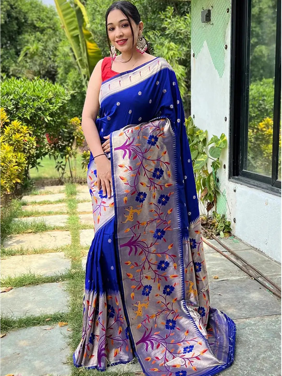 Banarasi pure chiffon saree in Royal blue colour. The silver zari motifs,  border and pallu make this … | Blue silk saree, Saree blouse designs, Pure  chiffon sarees