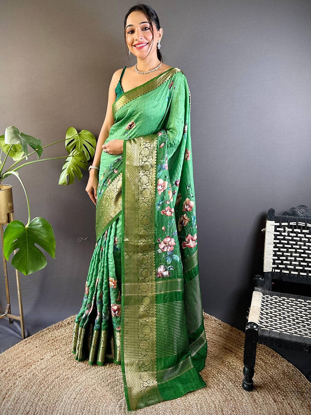 Green Floral Zari Chex Saree