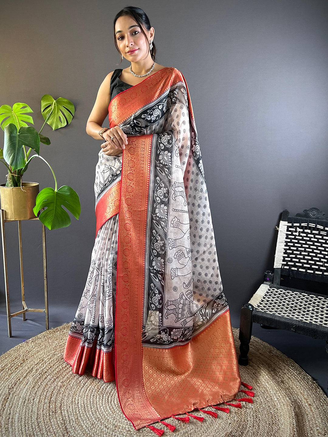 White Kalamkari Kota Saree