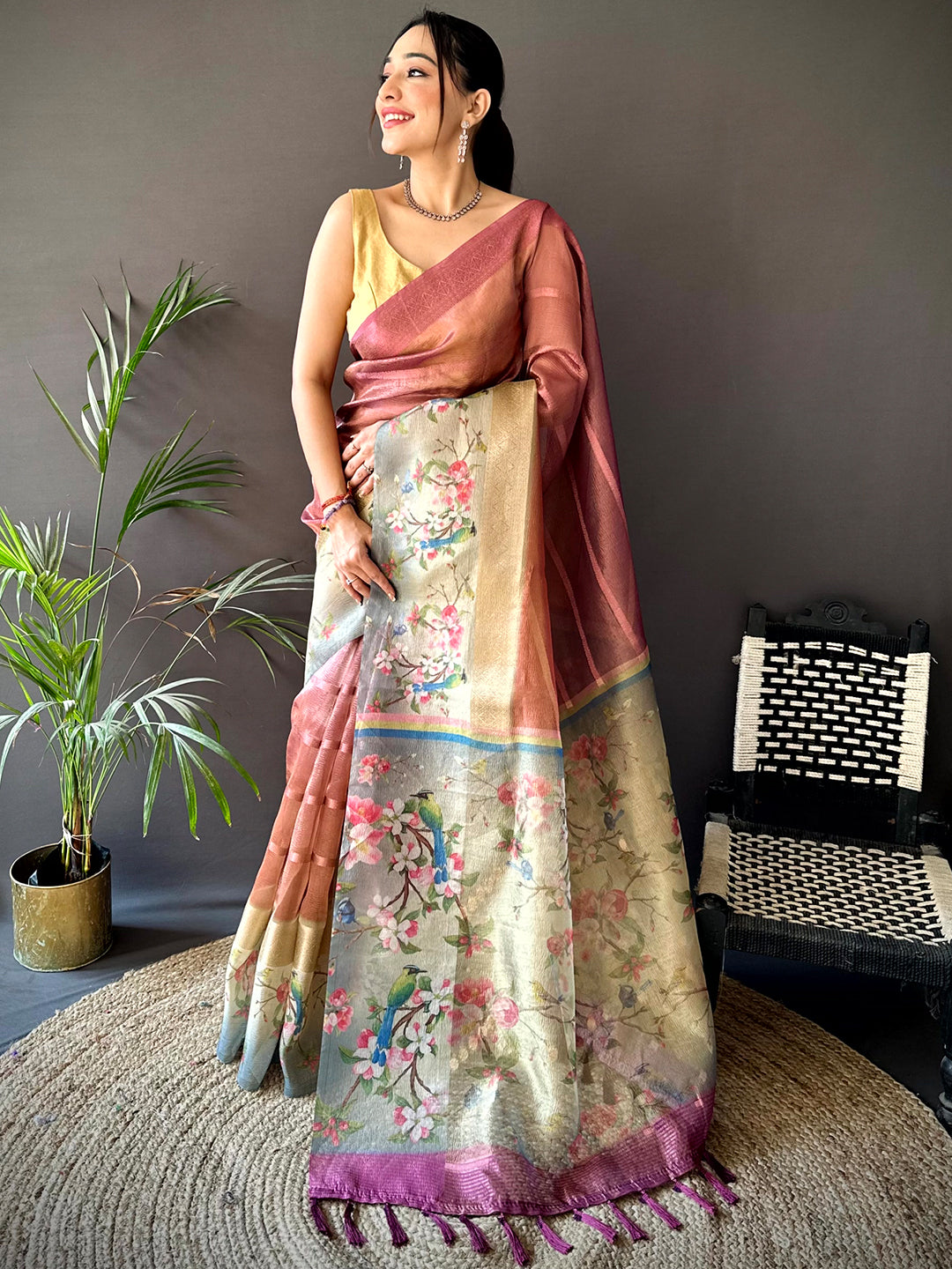 Wine Ombre Zari Tissue Digital Print Saree