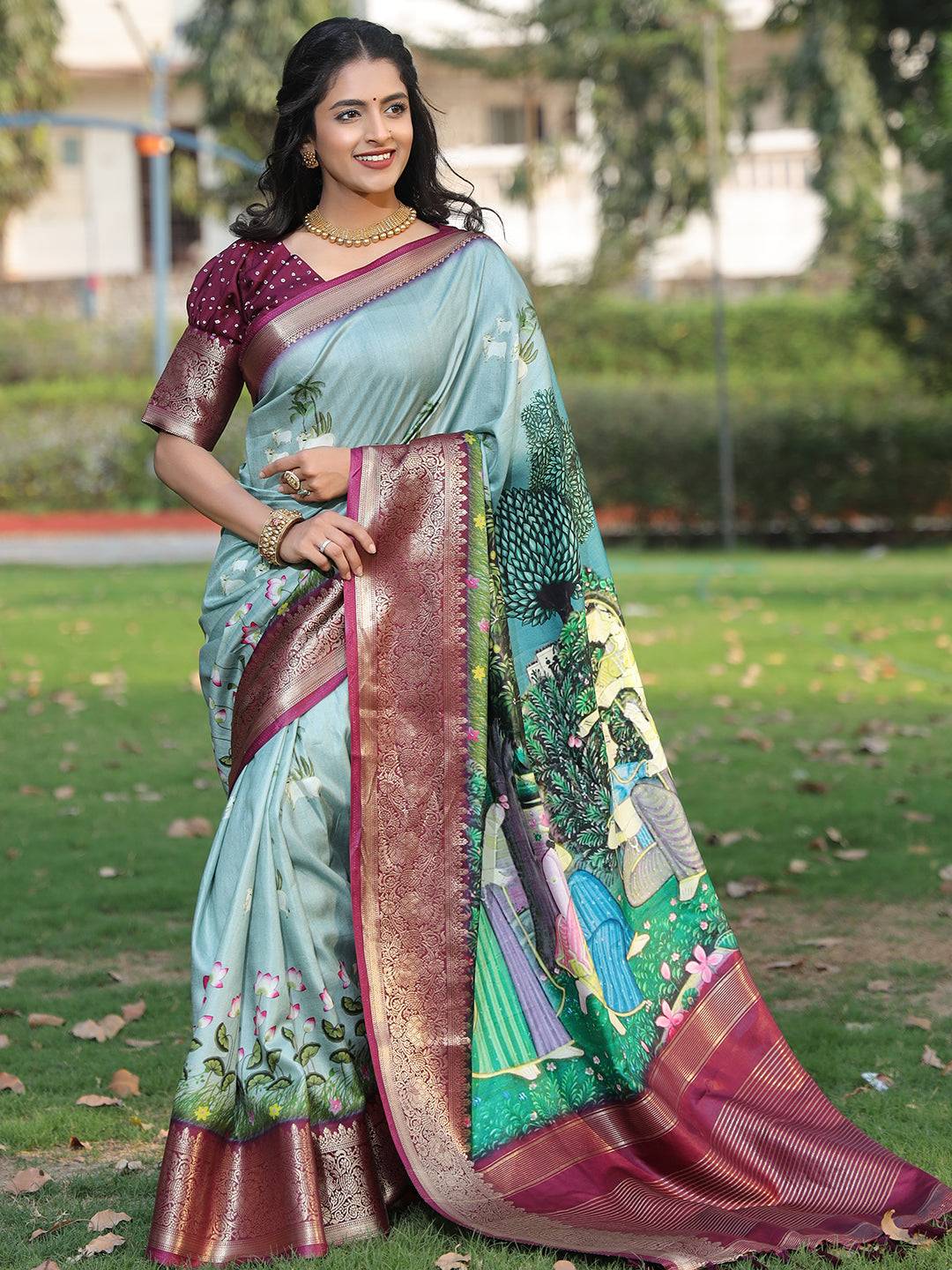 Viscose Dola Silk Sky Blue Saree with Floral & Mughal Print