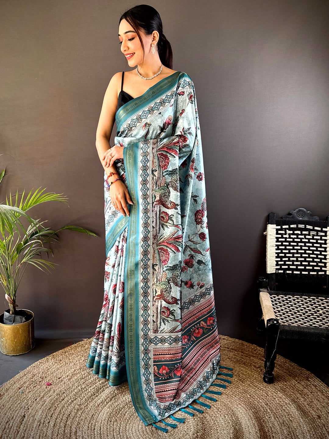 Sky Blue Soft Silk Kalamkari Print Saree