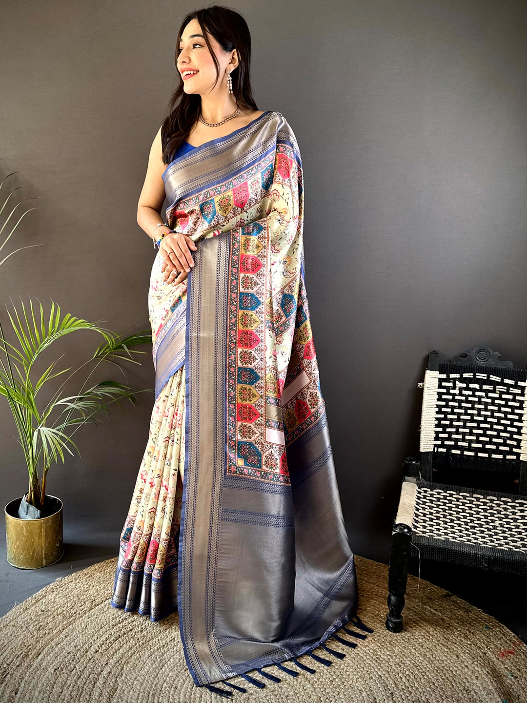 Royal Blue Mughal Kalamkari Print Pashmina Saree