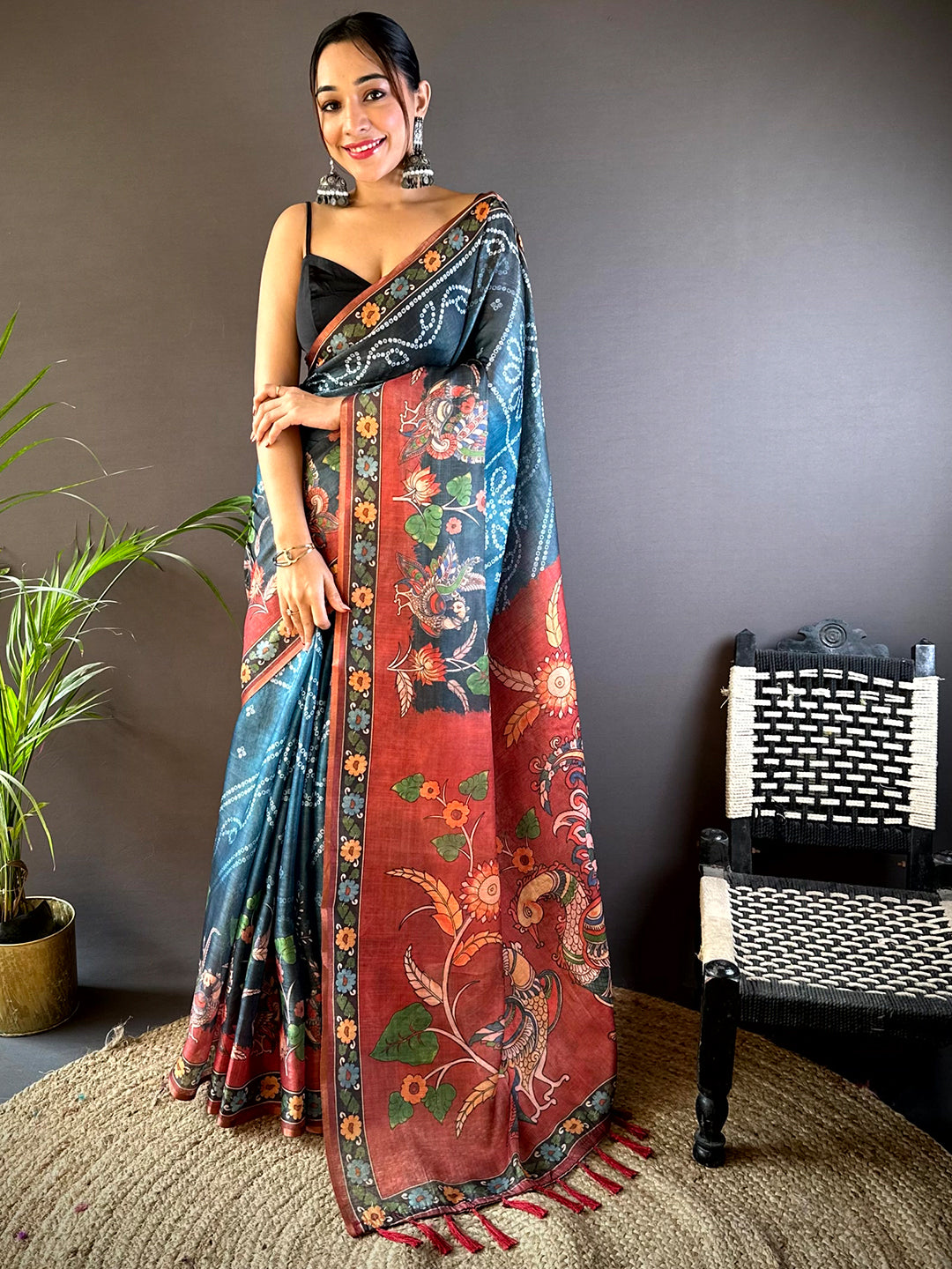 Blue Tissue Bandhej Kalamkari Saree