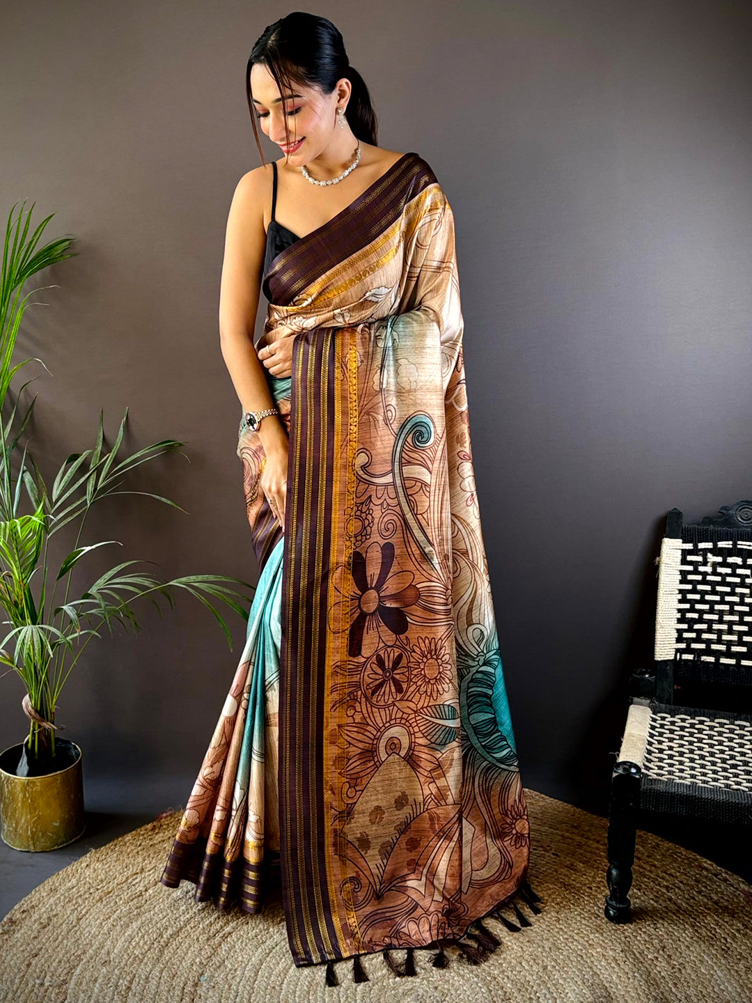 French Beige Soft Silk Abstract Geometric Saree