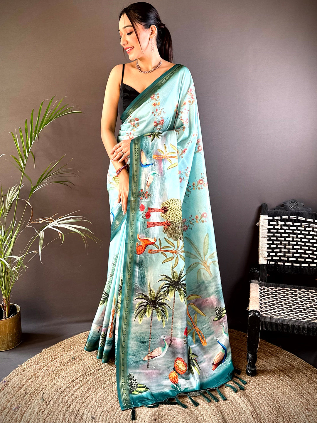 Sky Blue Jungle Printed Silk Saree