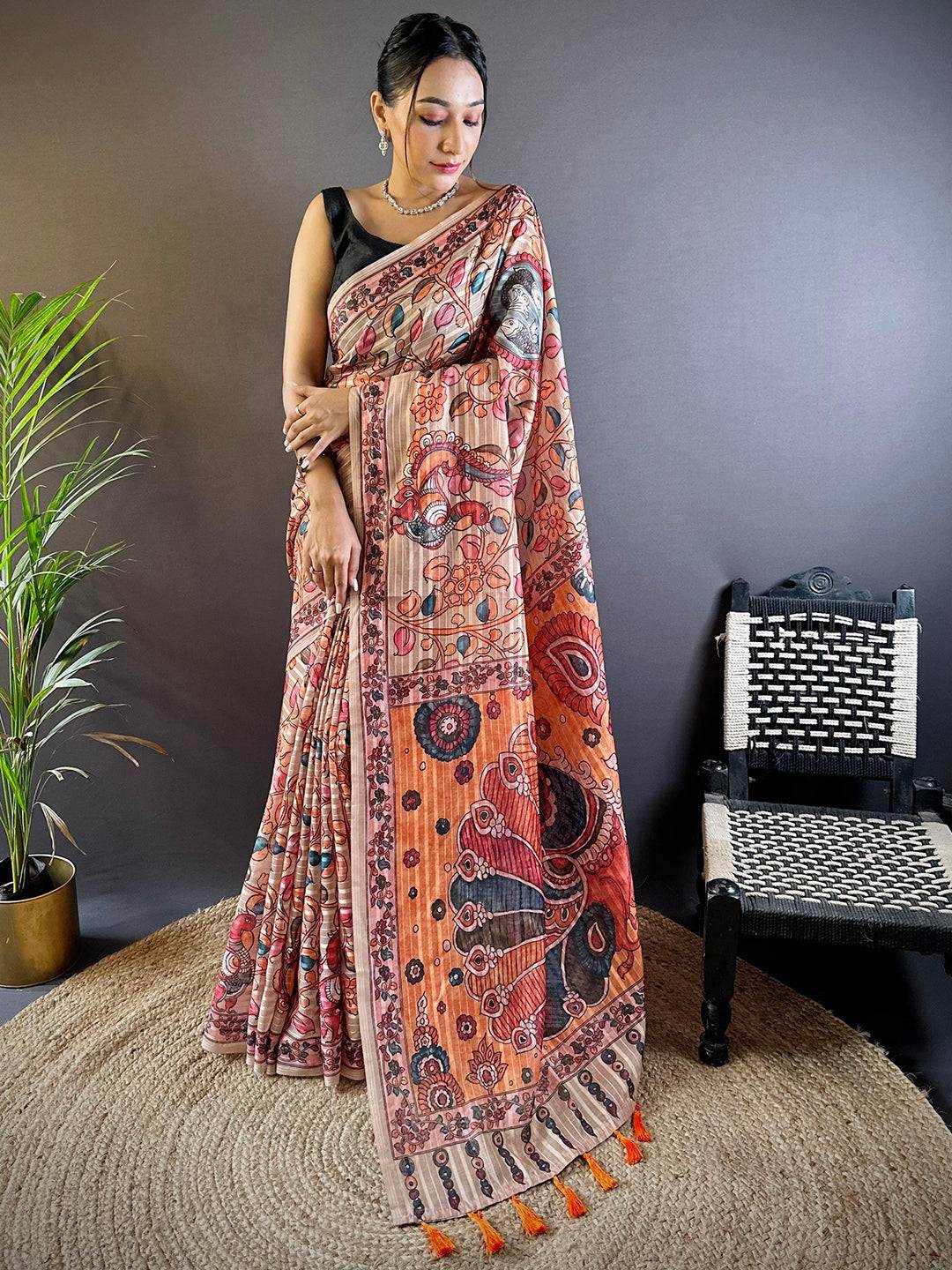 Crayola Peach Kalamkari Saree