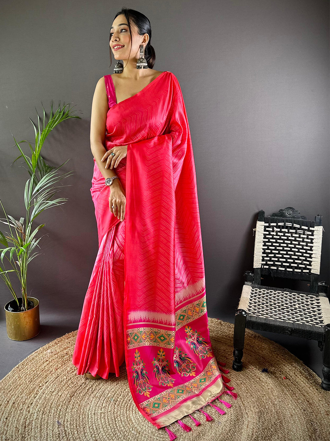 Deep Pink Leheriya Gamthi Silk Sarees