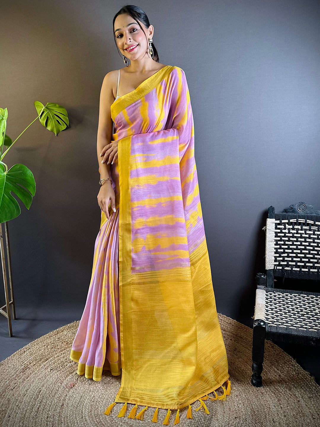 Lavender Shibori Print Linen Saree