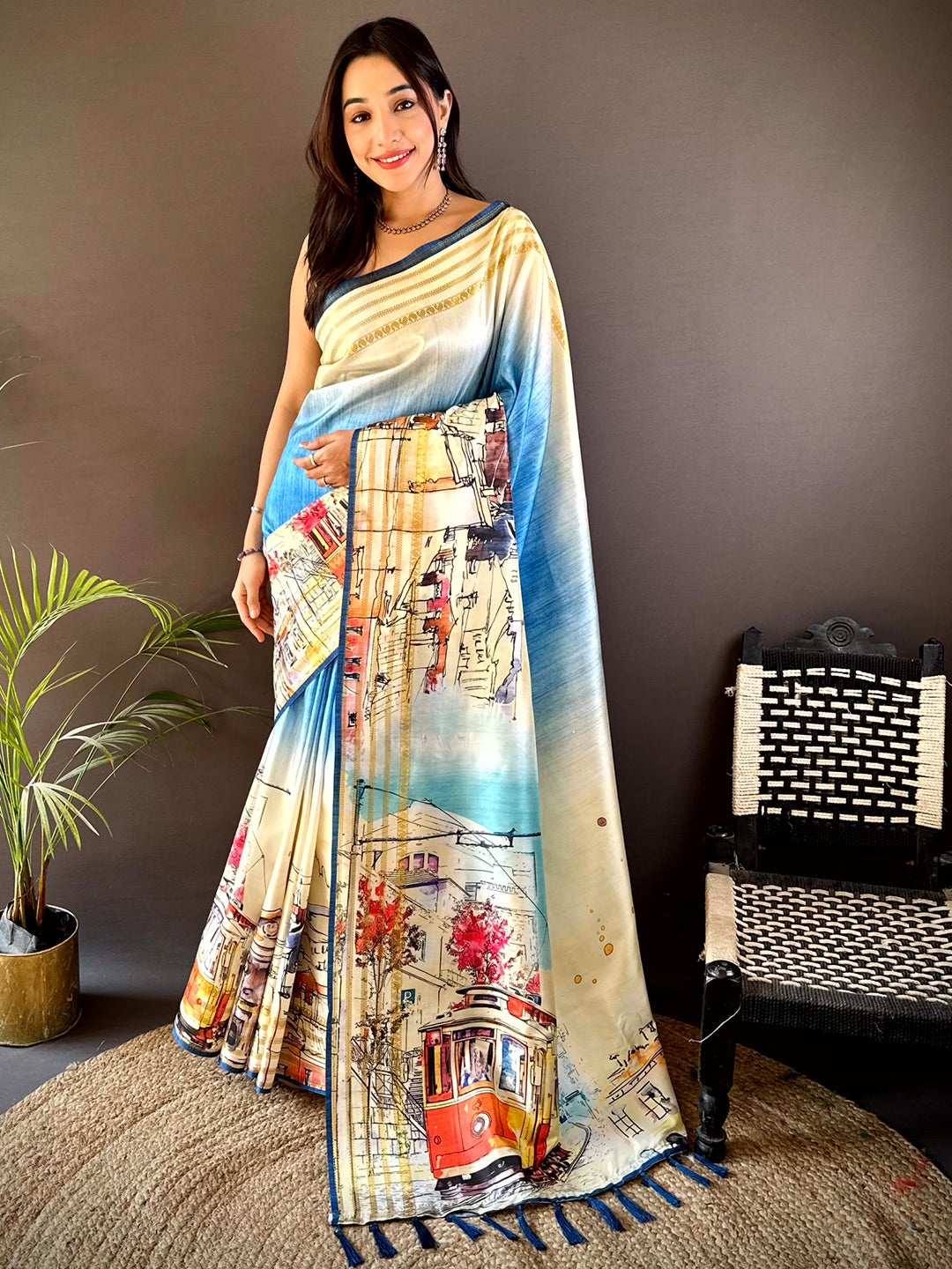 Blue Japanese Freehand Digital Print Saree