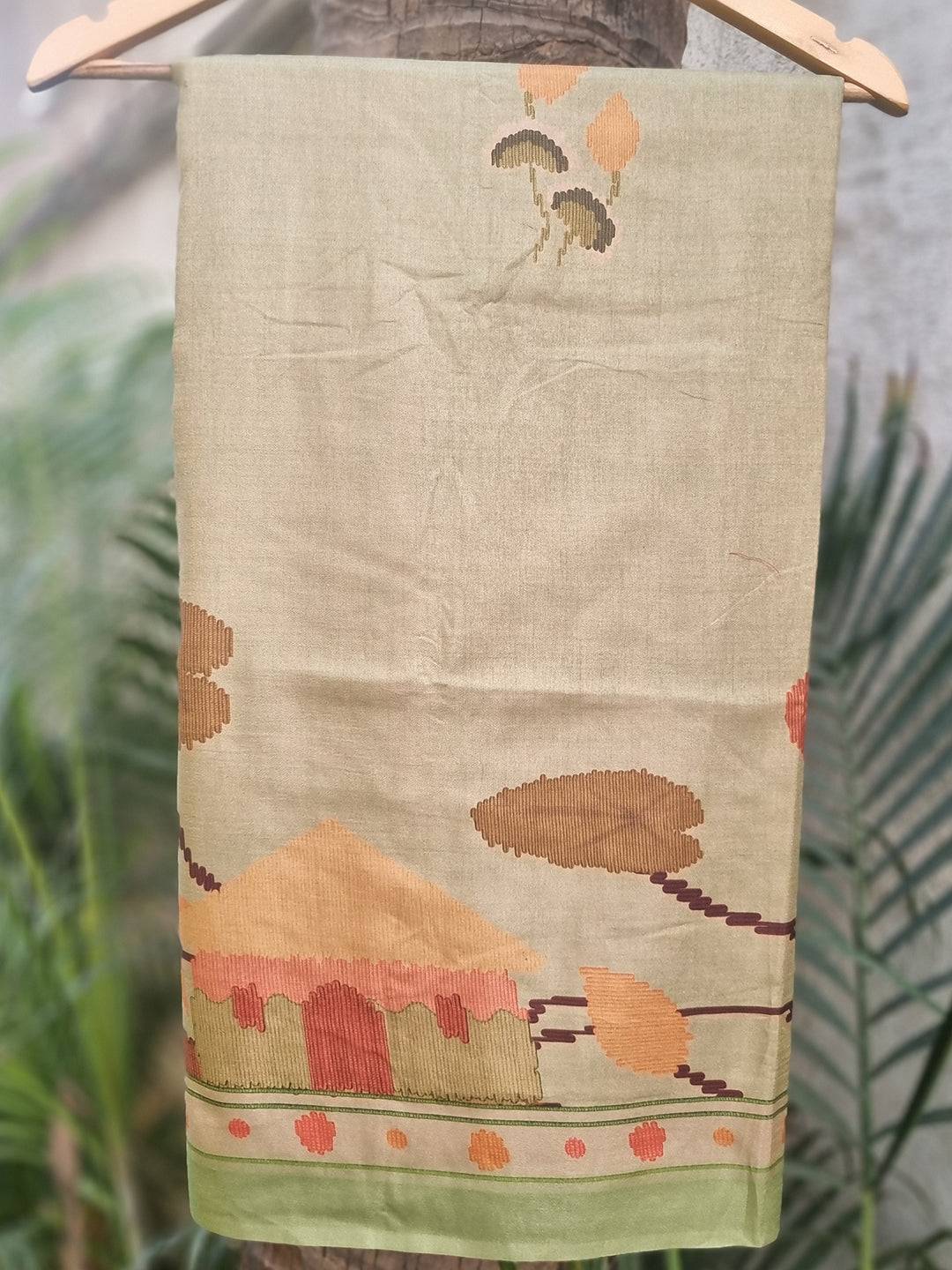 Pista Tussar Silk Saree With Freehand Ikkat Kalamkari Print