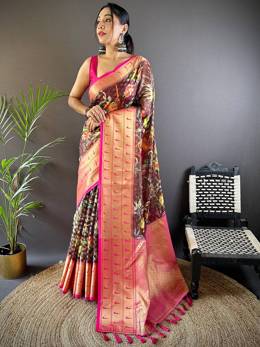 Brown Paithani Kora Silk Saree