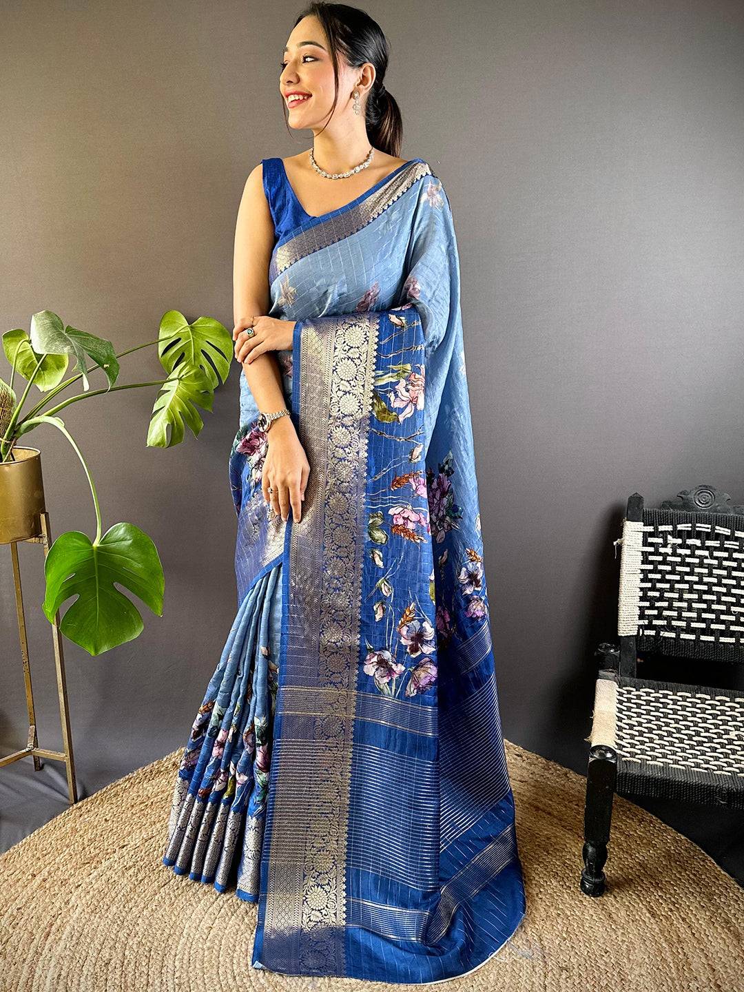 Blue Daisy Floral Zari Chex Saree