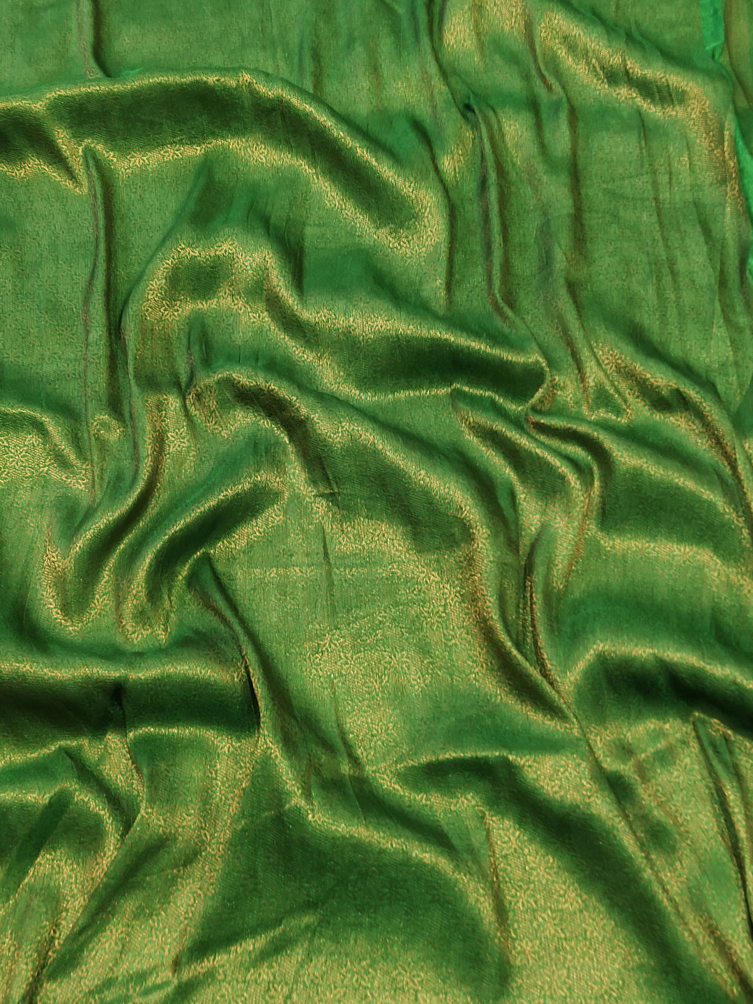 Close-up of Green Fabric with Gold Zari