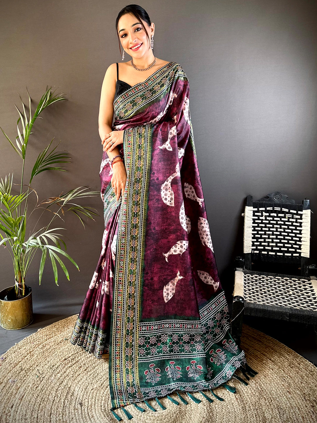 Dark Wine Soft Silk Fish Kalamkari Saree