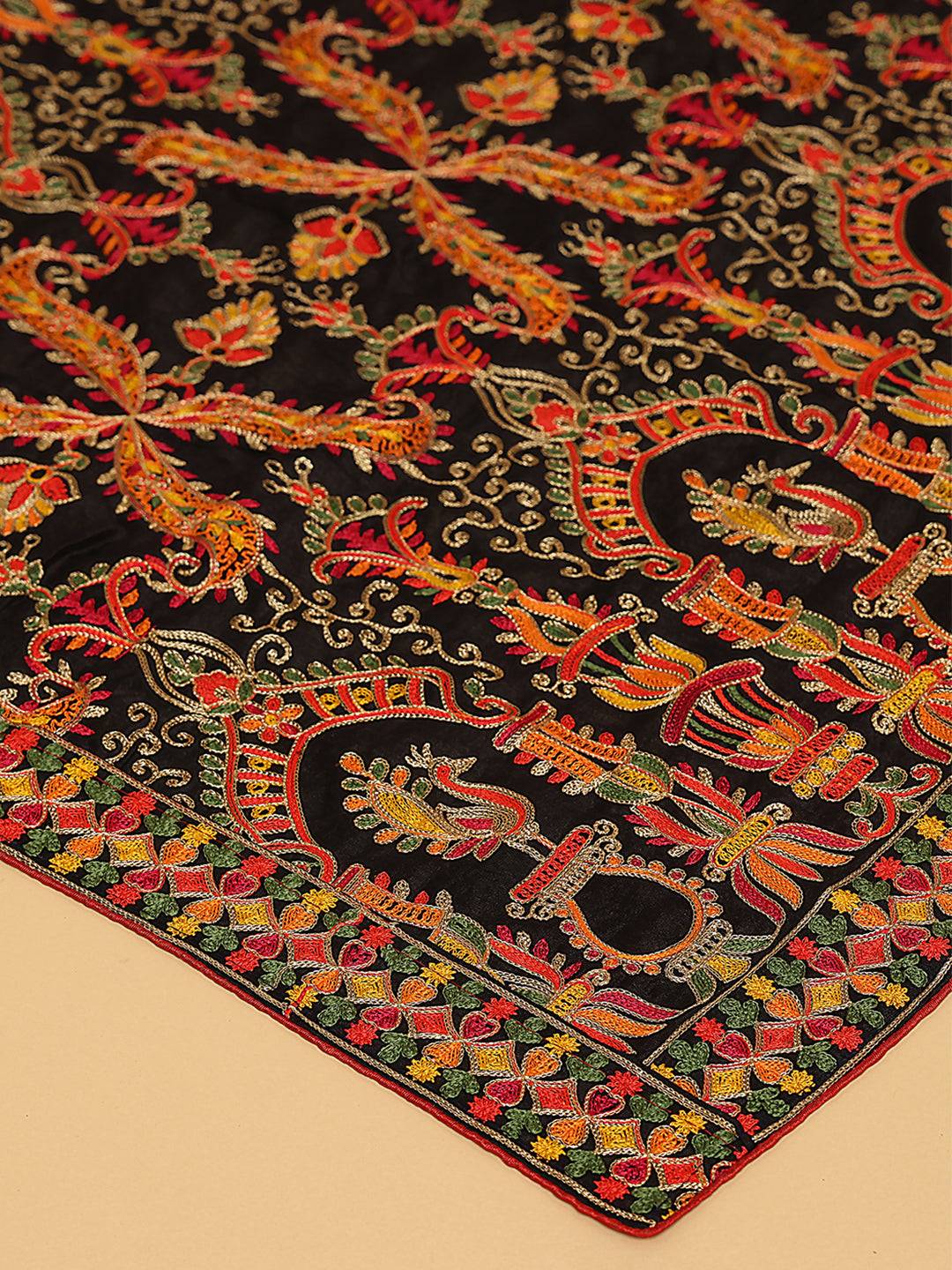 Close-up of detailed threadwork on black dupatta