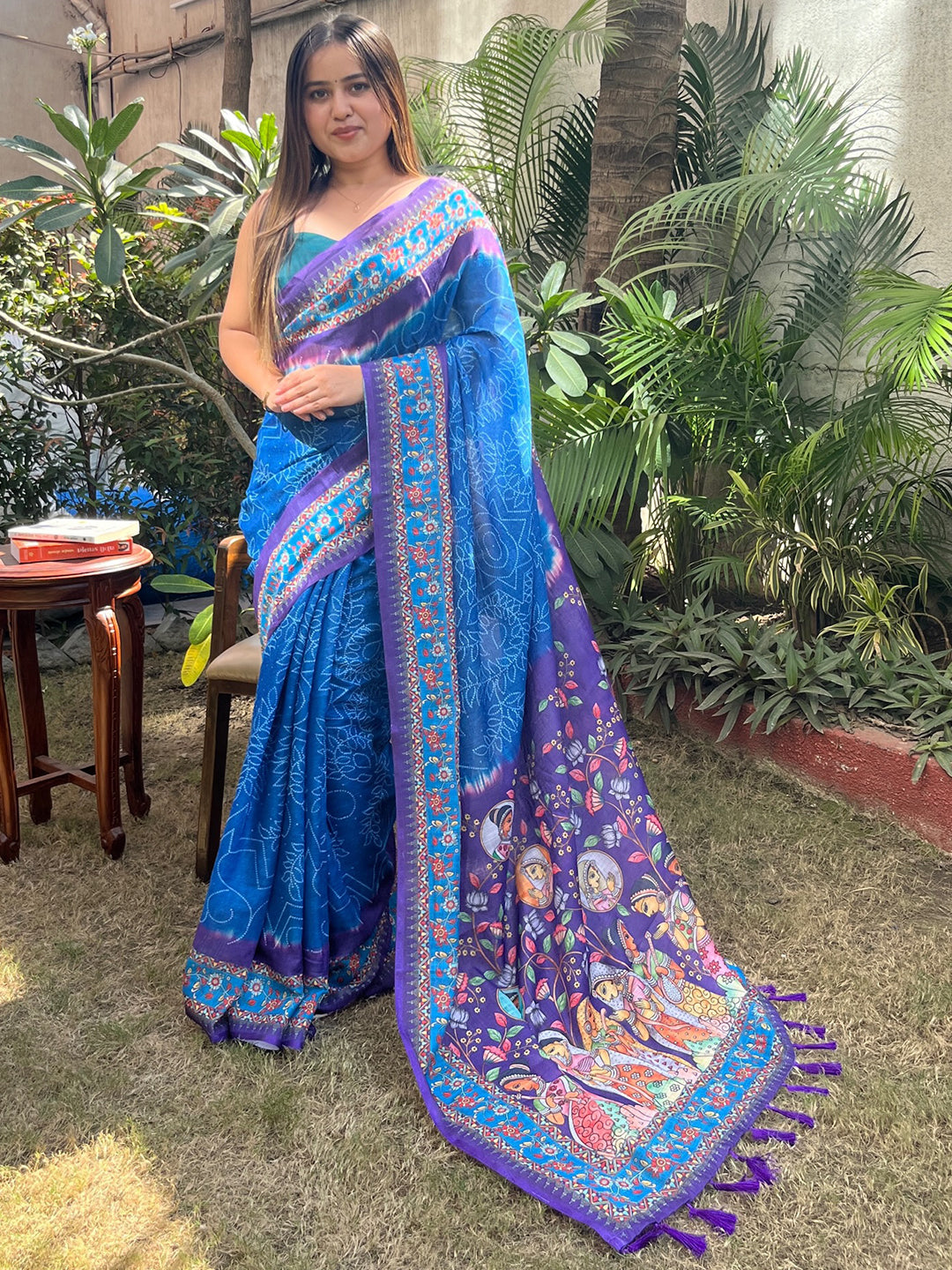 Royal Blue Designer Linen Saree