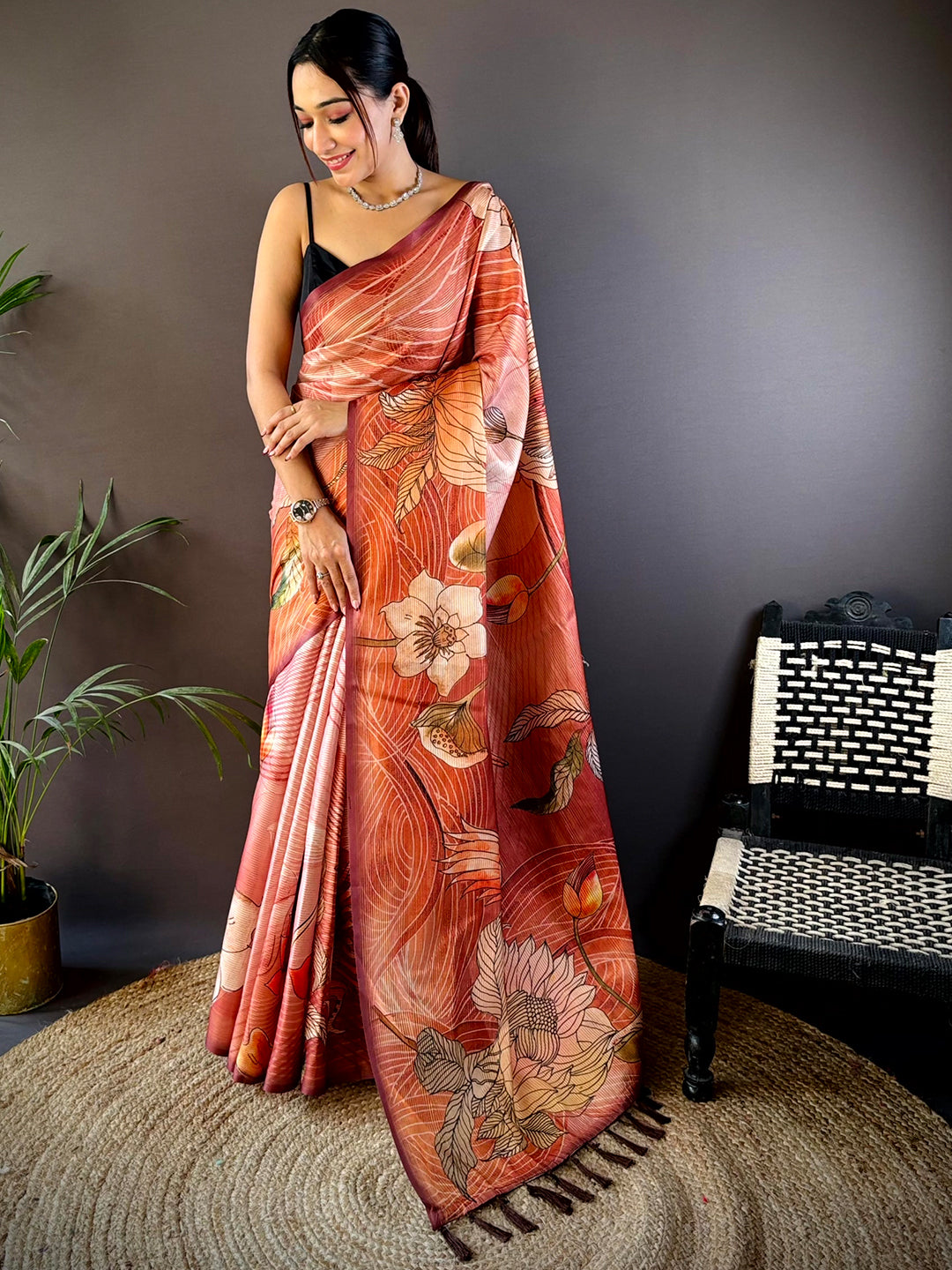 Flame Red Semi Zari Tussar Botanical Saree