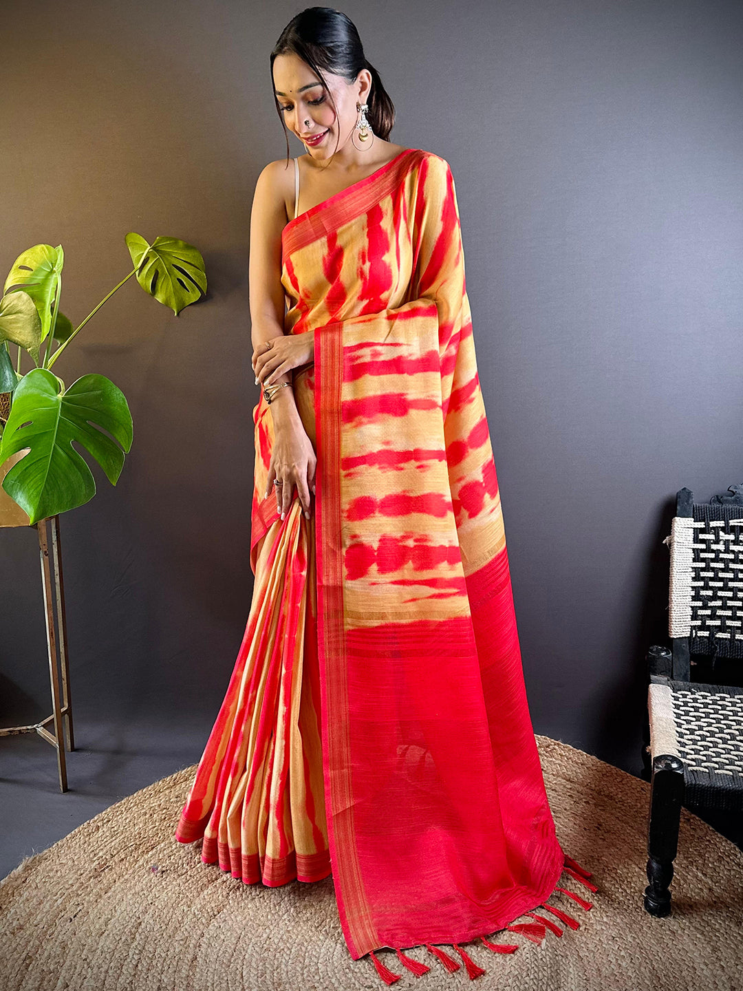 Marigold Shibori Print Linen Saree