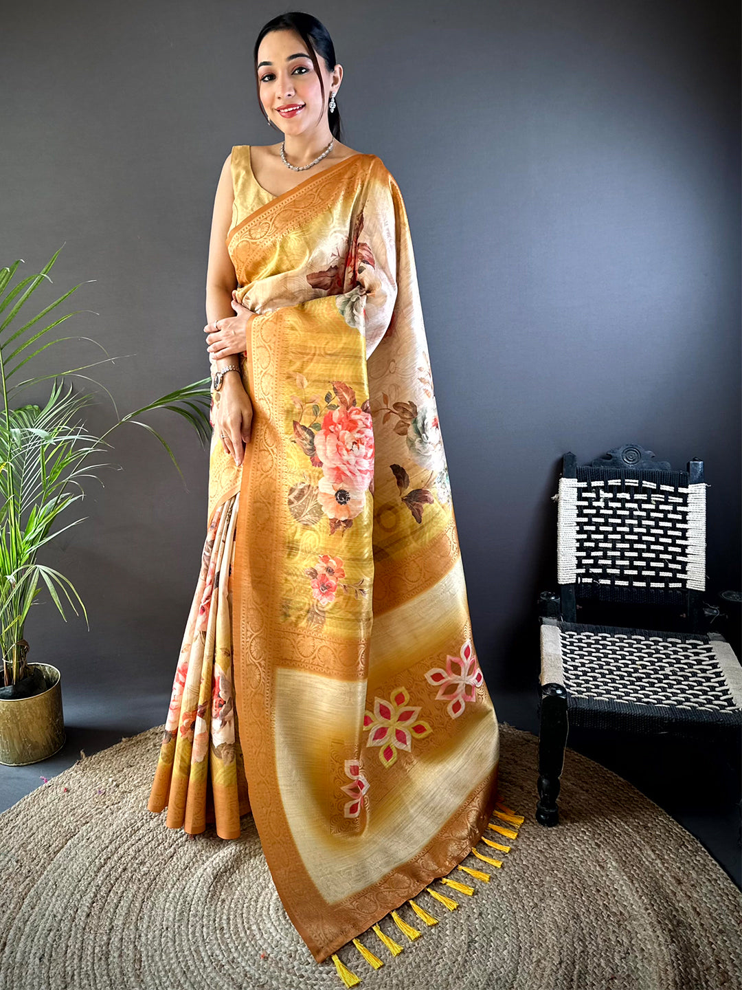 Yellow Banarasi Digital Floral Printed Saree