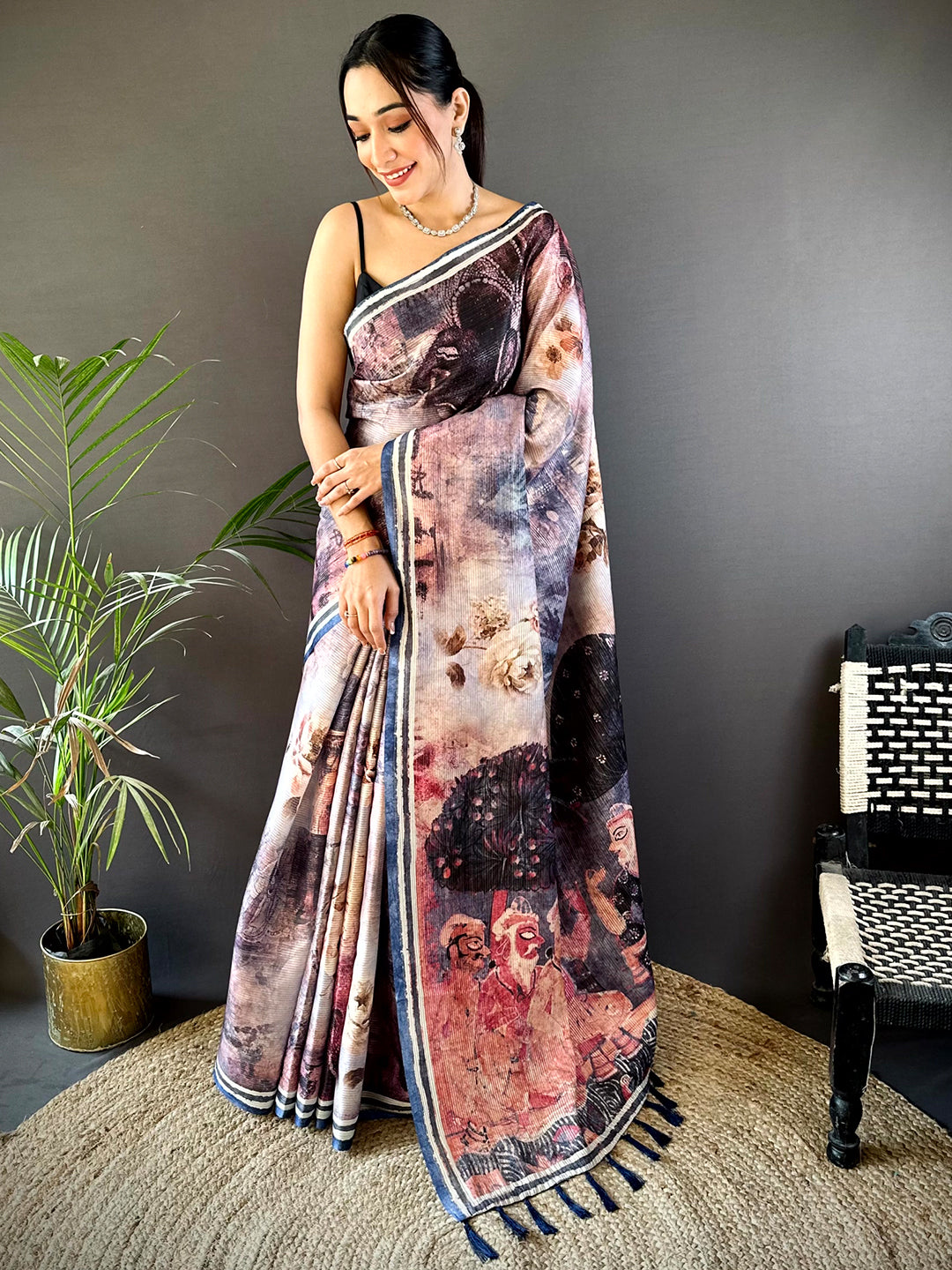 Lavender Gold Zari Tussar Batik Print Saree