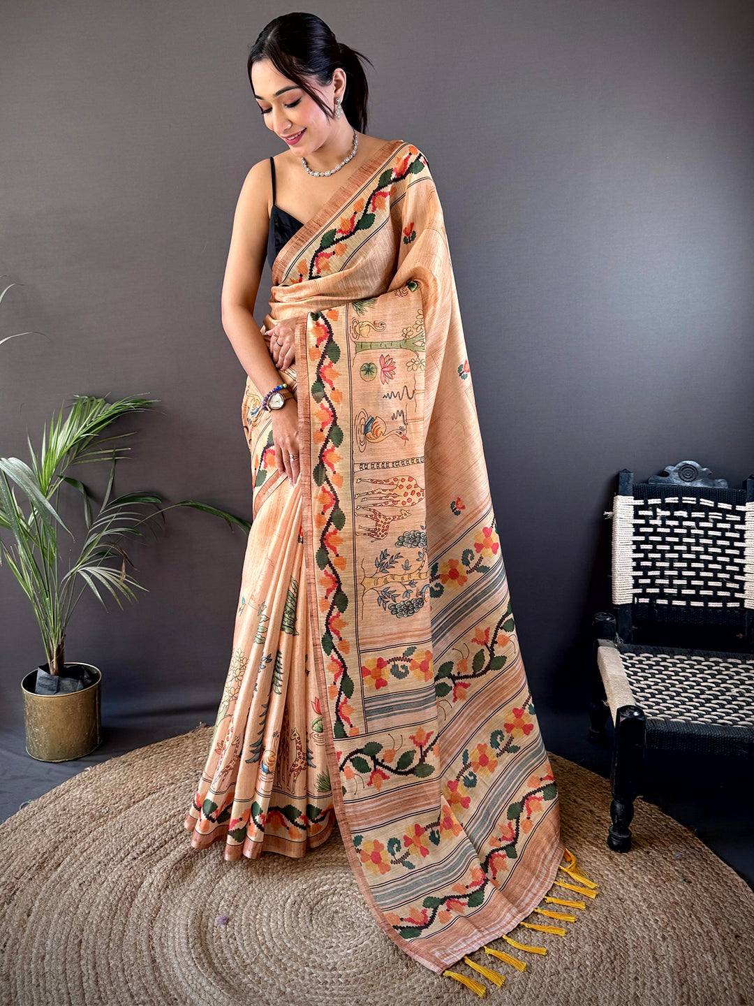 Beige Jungle Floral Zari Tissue Saree