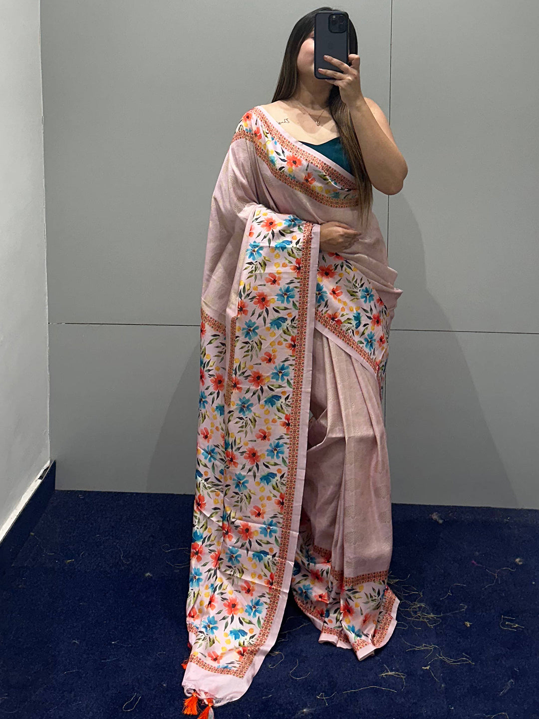 Light pink Kanjivaram saree with floral print, mirror selfie